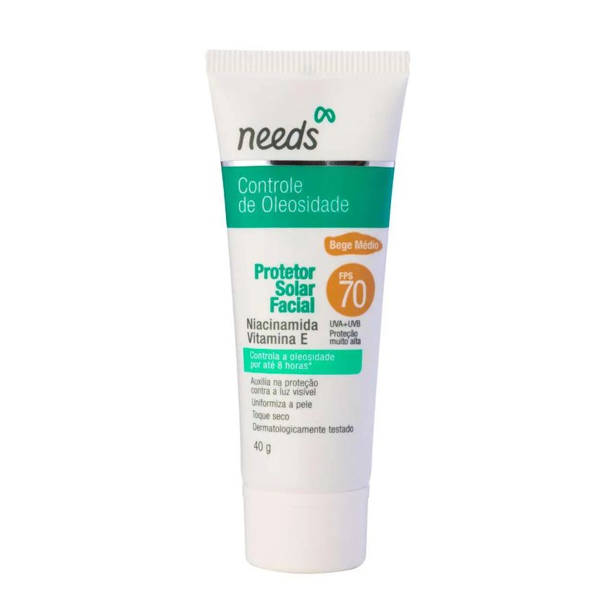 Needs Protetor Solar Facial Controle de Oleosidade Bege Médio FPS 70 40g