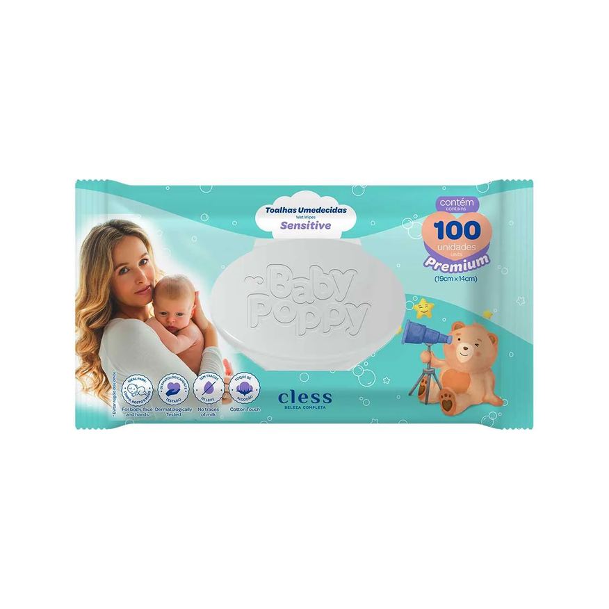 Baby Poppy Lenço Umedecido Sensitive Toque de Algodão Sem Traços de Leite 100 unidades