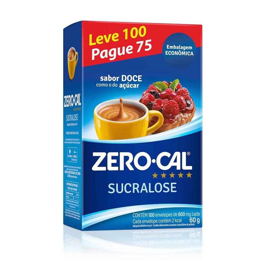 Zero-Cal Adoçante em Pó Sucralose - 100 sachês com 600mg cada