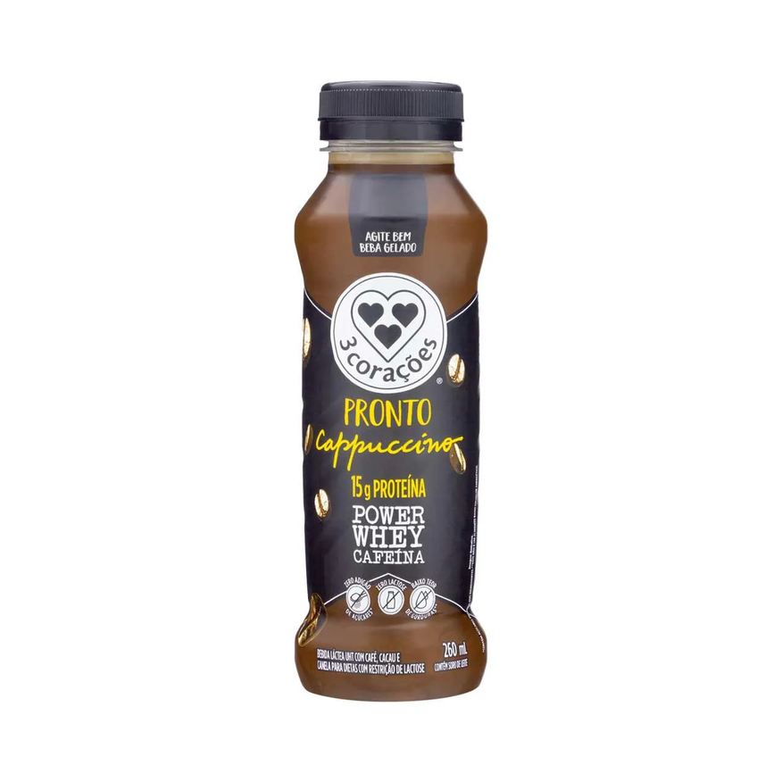 3 Corações Cappuccino Pronto Power Whey UHT Zero Lactose Cafeína 260ml