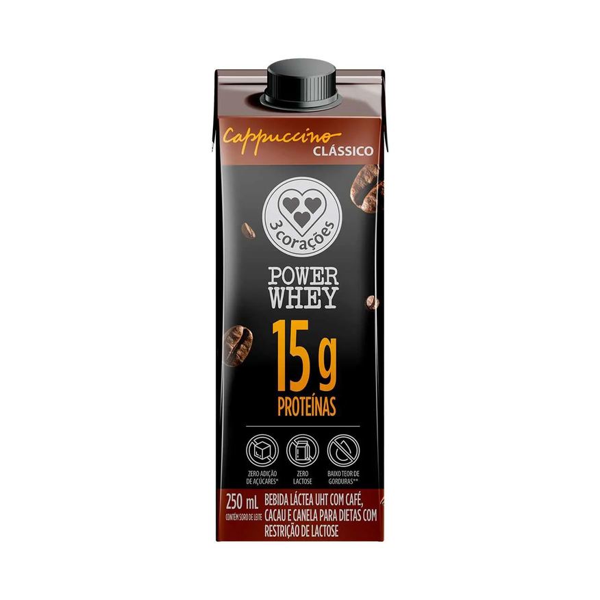 3 Corações Cappuccino Power Whey Zero Lactose Clássico Caixa 250ml