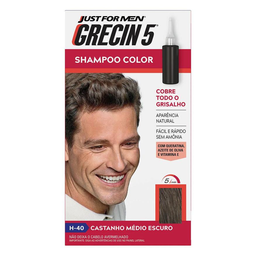 Tonalizante Shampoo Color Just For Men Grecin 5 - H-40 Castanho Médio Escuro