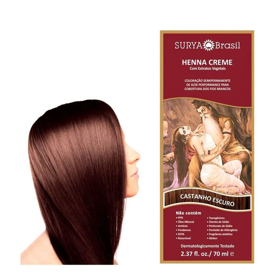 de Tinta Cabelo Semi-Permanente Henna Creme Surya Brasil - Castanho Escuro