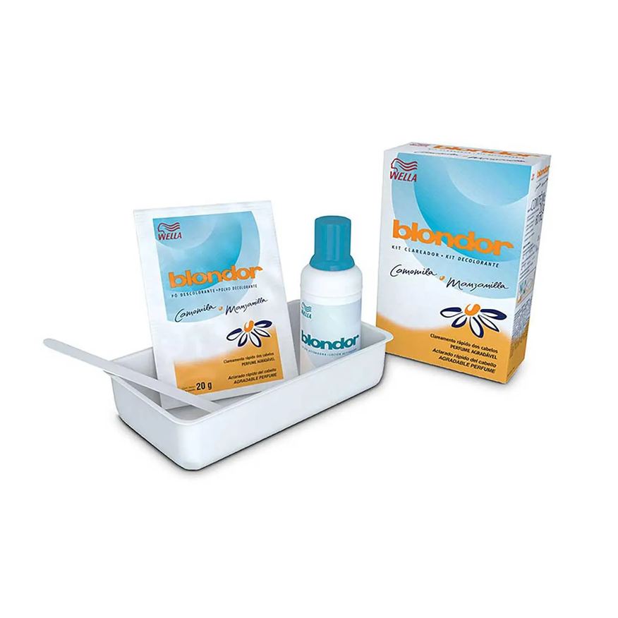 Clareador Kit de Cabelos Blondor Camomila e Manzanilla com 1 sachê de pó descolorante + 1 frasco de loção ativadora + 1 tigela plástica + 1 espátula