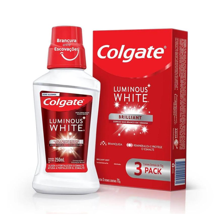 Colgate Kit Luminous White Brilliant Creme Dental 70g 3 unidades + Enxaguante Bucal 250ml