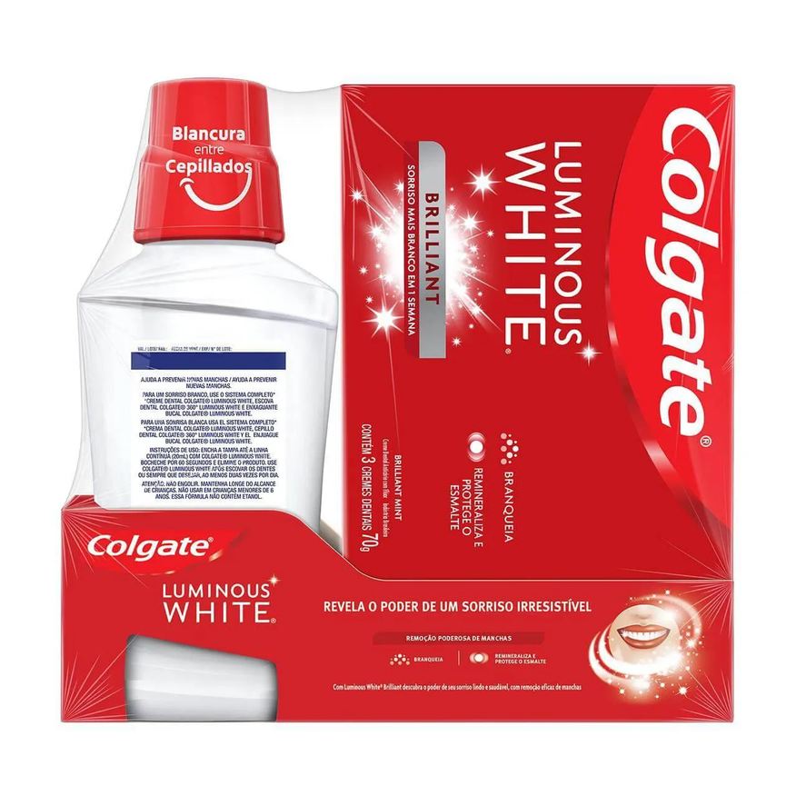 Colgate Kit Luminous White Brilliant Creme Dental 70g 3 unidades + Enxaguante Bucal 250ml