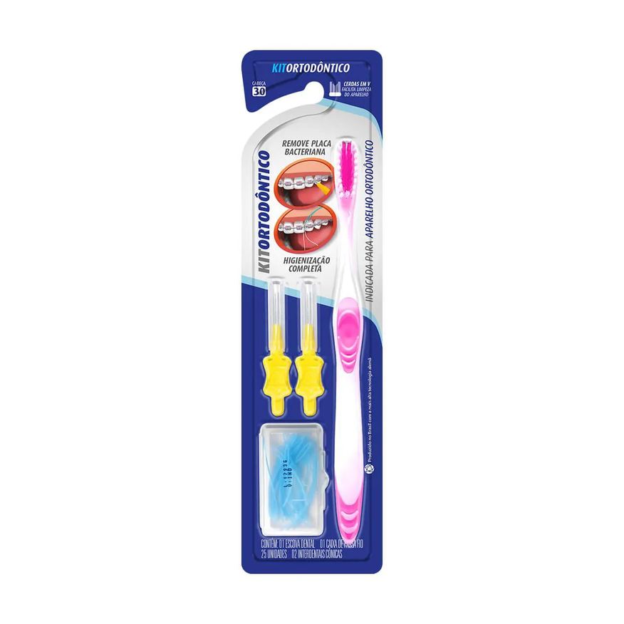 Dentalclean Kit Ortodôntico Escova de Dente + 2 Escovas Interdentais Cônicas + Passa Fio 25 unidades