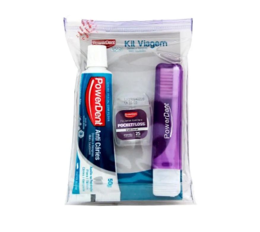 Powerdent Kit Viagem Creme Dental Anticáries 50g + Fio Dental 25m + Escova de Dente
