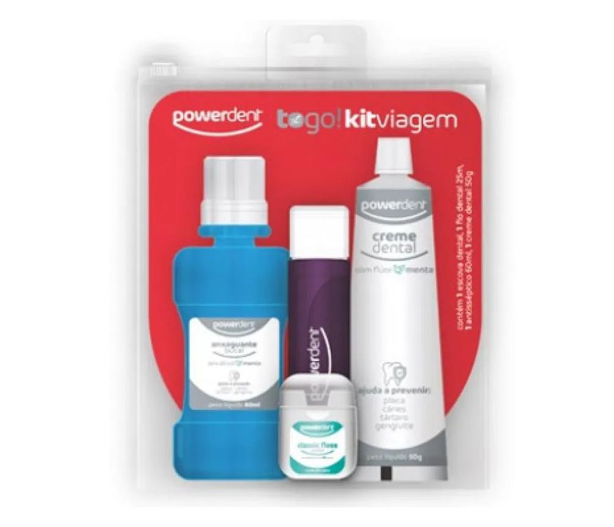 Powerdent Kit Viagem Pasta de Dente Anticáries 50g + Enxaguante Bucal sem Álcool 60ml + Escova Portátil Adulto + Fio Dental Encerado 25m