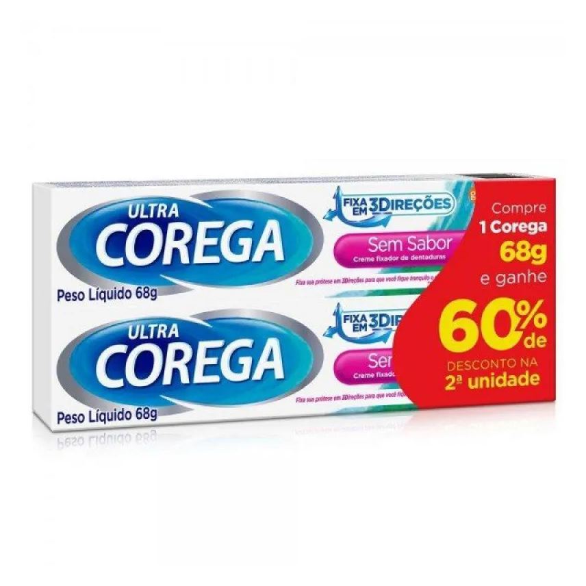 Corega Kit Ultra Creme Fixador de Dentaduras sem Sabor com 2 unidades com 68g Cada