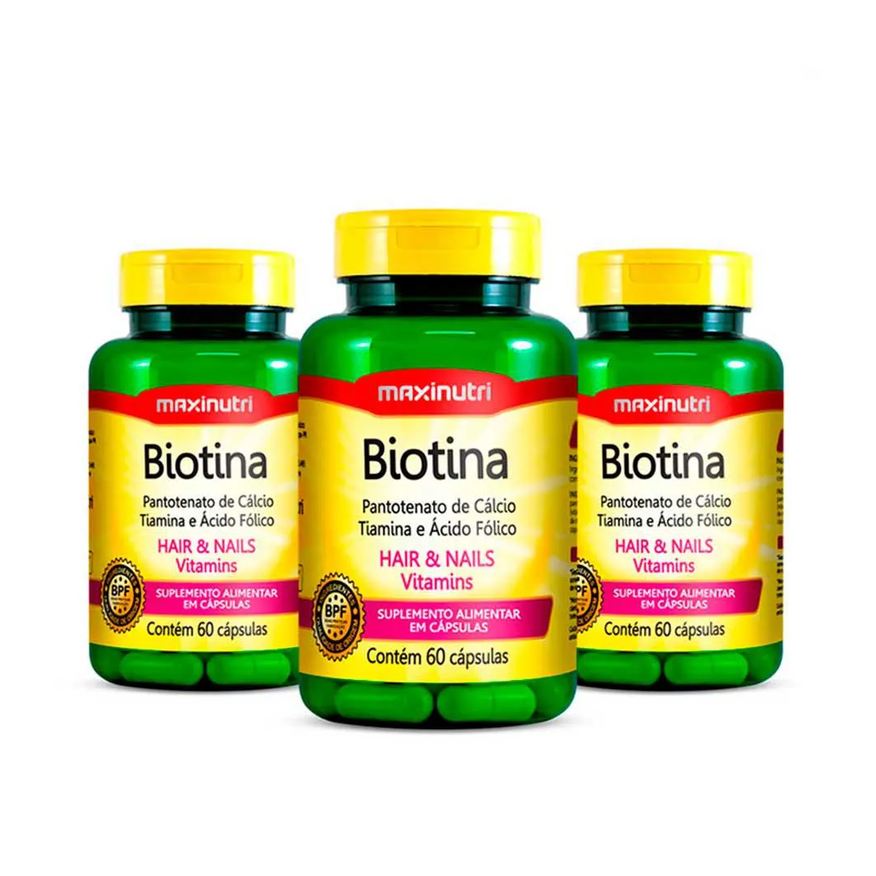 Maxinutri Kit Biotina Maxnutri Vitamina + Ácido Fólico Cabelos e Unhas 60 cápsulas 3 unidades