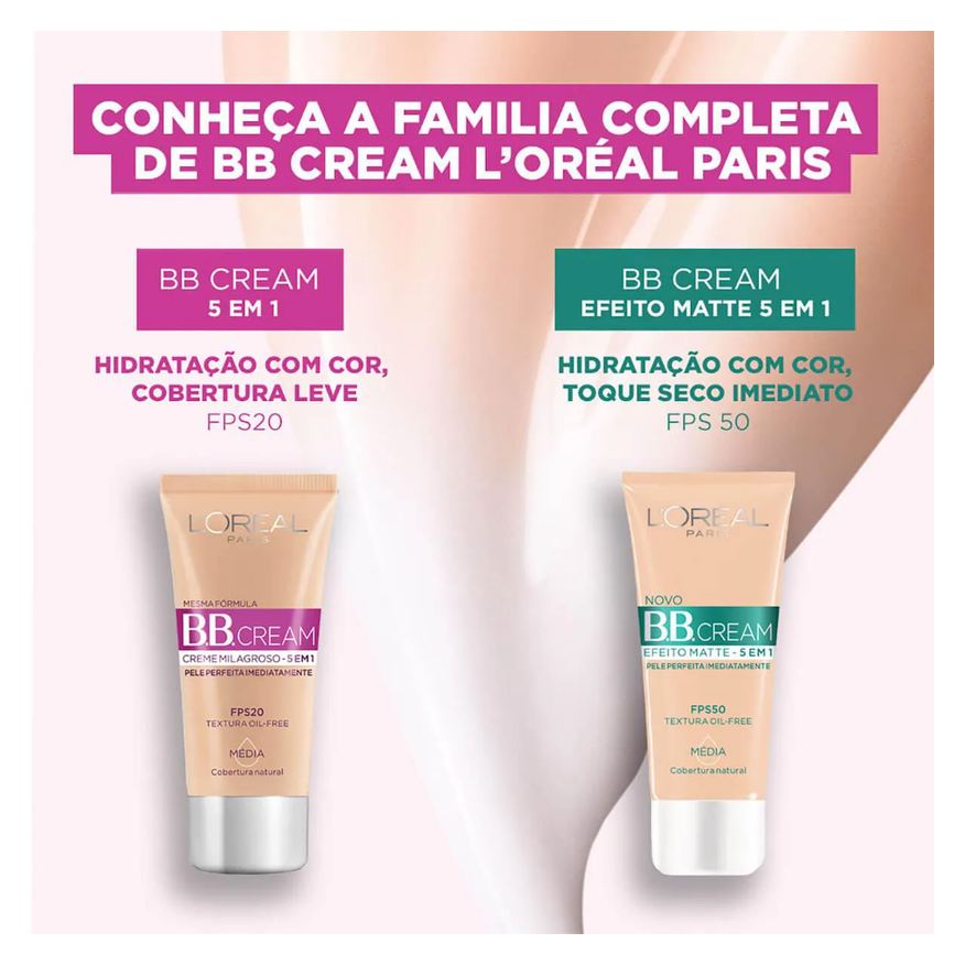 L'oreal Base BB Cream L'Oréal Paris Efeito Matte 5 em 1 Cor Média FPS 50 Cobertura Leve com Proteção Solar 30ml
