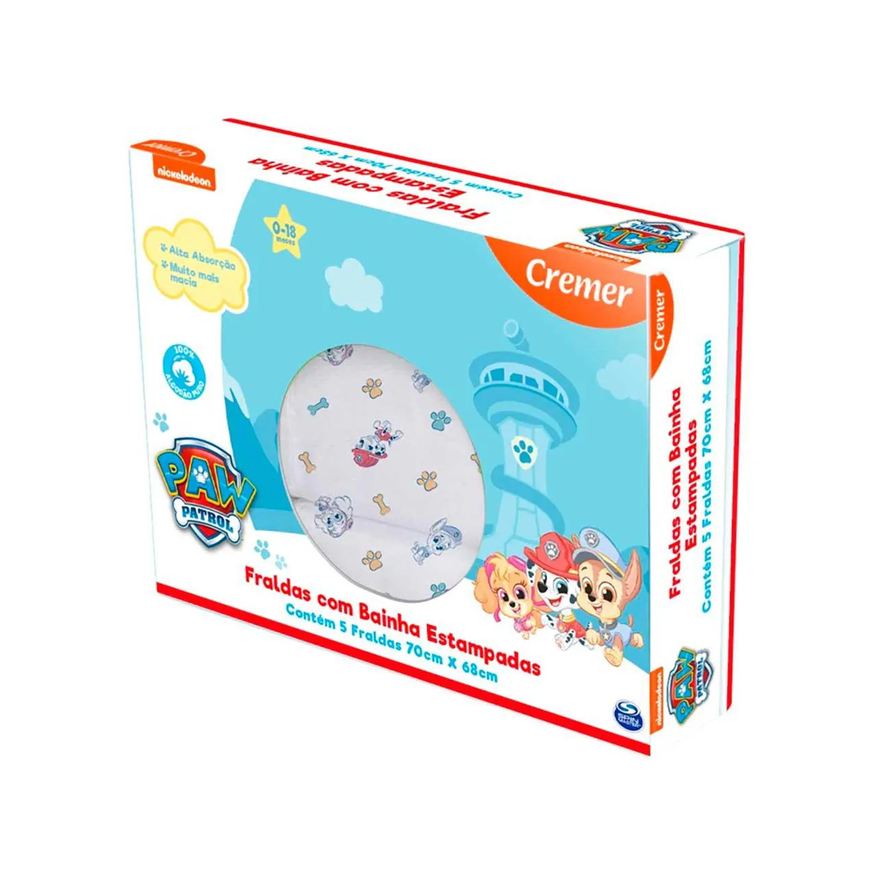 Cremer Fralda de Pano com Bainha Estampada Creme Patrulha Canina 5 Unidades