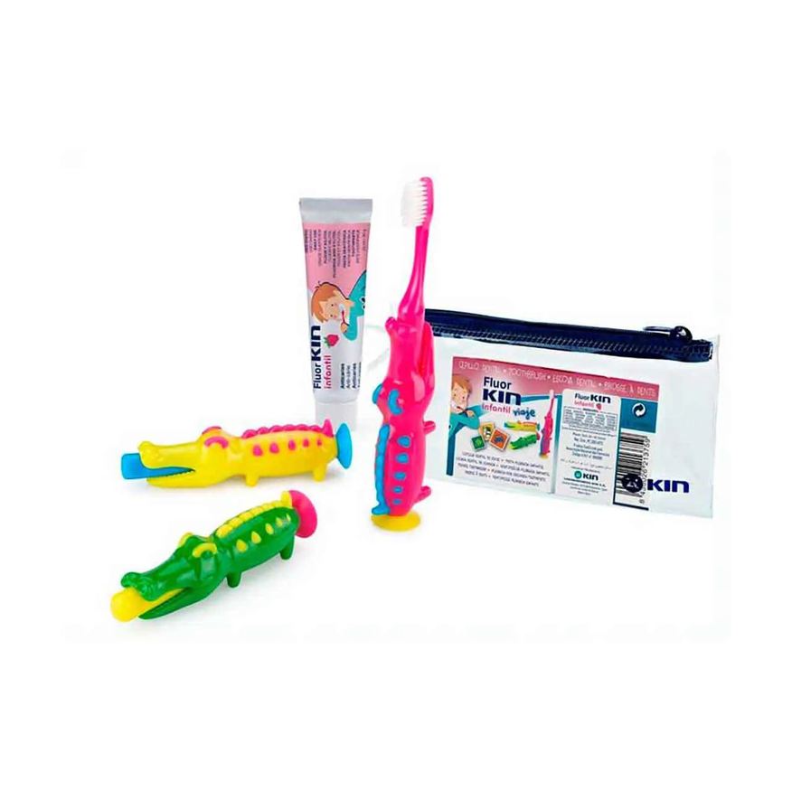 Kin Kit Viagem Infantil Jacaré Escova de Dente + Pasta de Dente 30g + Necessaire