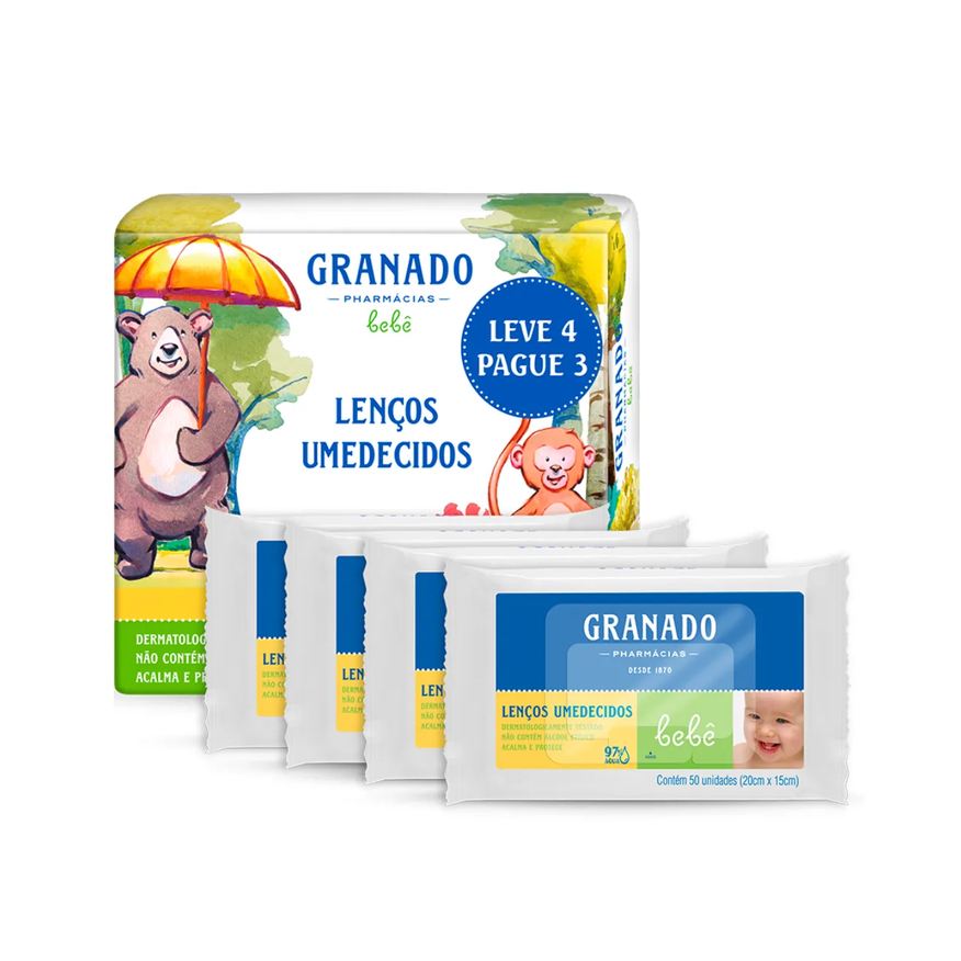 Granado Kit Lenço Umedecido Bebê Tradicional Sem Álcool 97% Água 50 unidades 4 pacotes