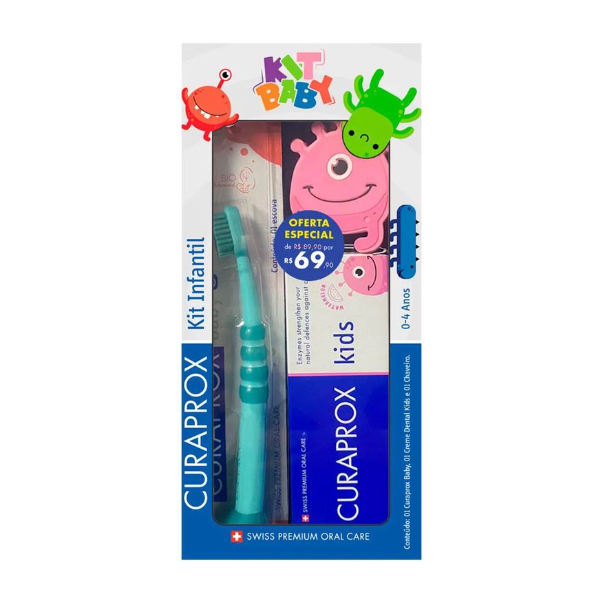 Curaprox Kit Infantil Baby Escova de Dente 0 a 4 Anos + Pasta de Dente Kids + Chaveiro