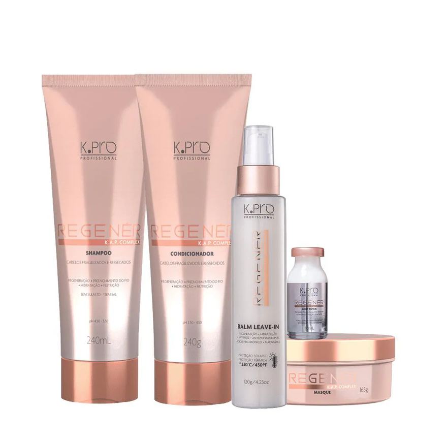 K.pro Kit Profissional Regenér Shampoo Condicionador Máscara Leave-in Ampola (5 Produtos)