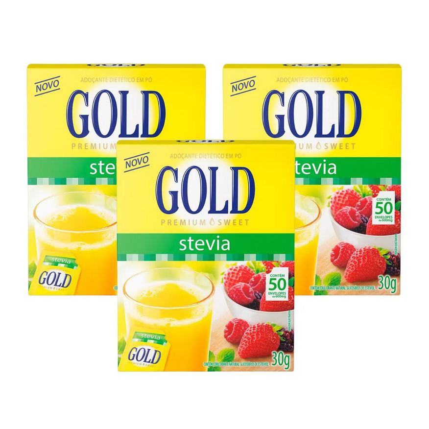 Gold Kit 3uni Adoçante Stevia em Pó 50x 6mg - Gold