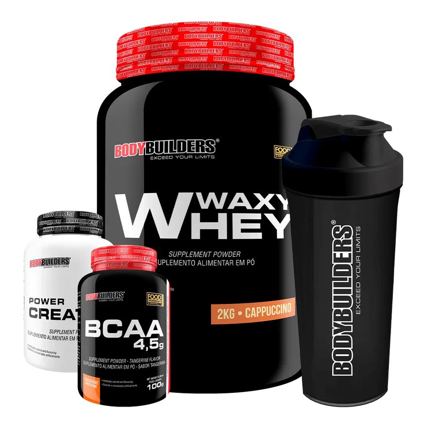 Bodybuilders Kit - Waxy Whey Cappuccino 2kg + Bcaa 4.5 100g + Power Creatina 100g + Coqueteleira – Chocolate