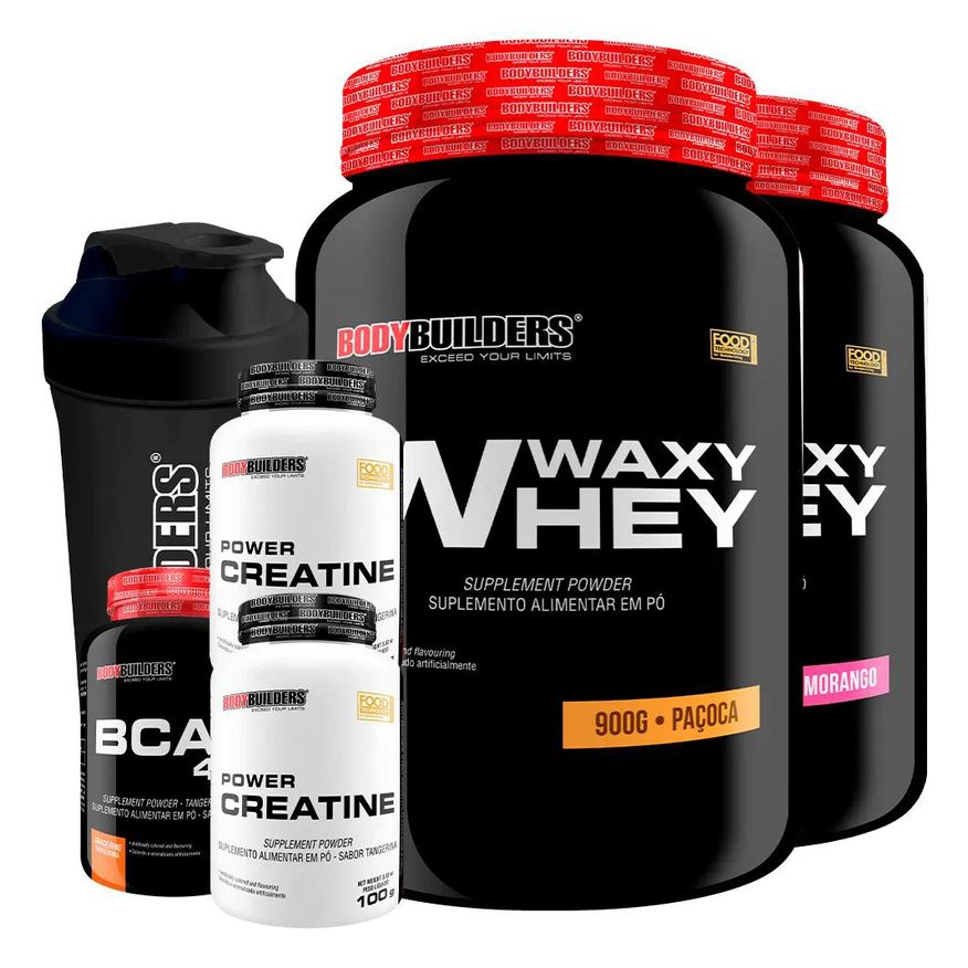 Bodybuilders Kit 2x Waxy Whey Protein 900g + 2x Power Creatina 100g + Bcaa 4.5 100g + Coqueteleira - Morango e Paçoca