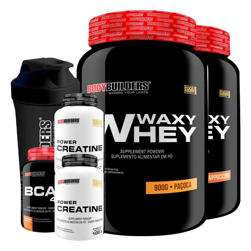 Bodybuilders Kit 2x Waxy Whey Protein 900g + 2x Power Creatina 100g + Bcaa 4.5 100g + Coqueteleira - Cappuccino e Paçoca