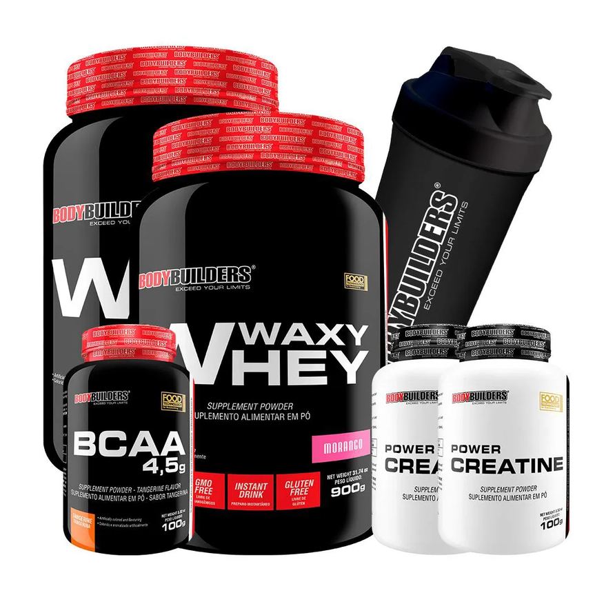 Bodybuilders Kit 2x Waxy Whey Protein 900g + 2x Power Creatina 100g + Bcaa 4.5 100g + Coqueteleira - Morango