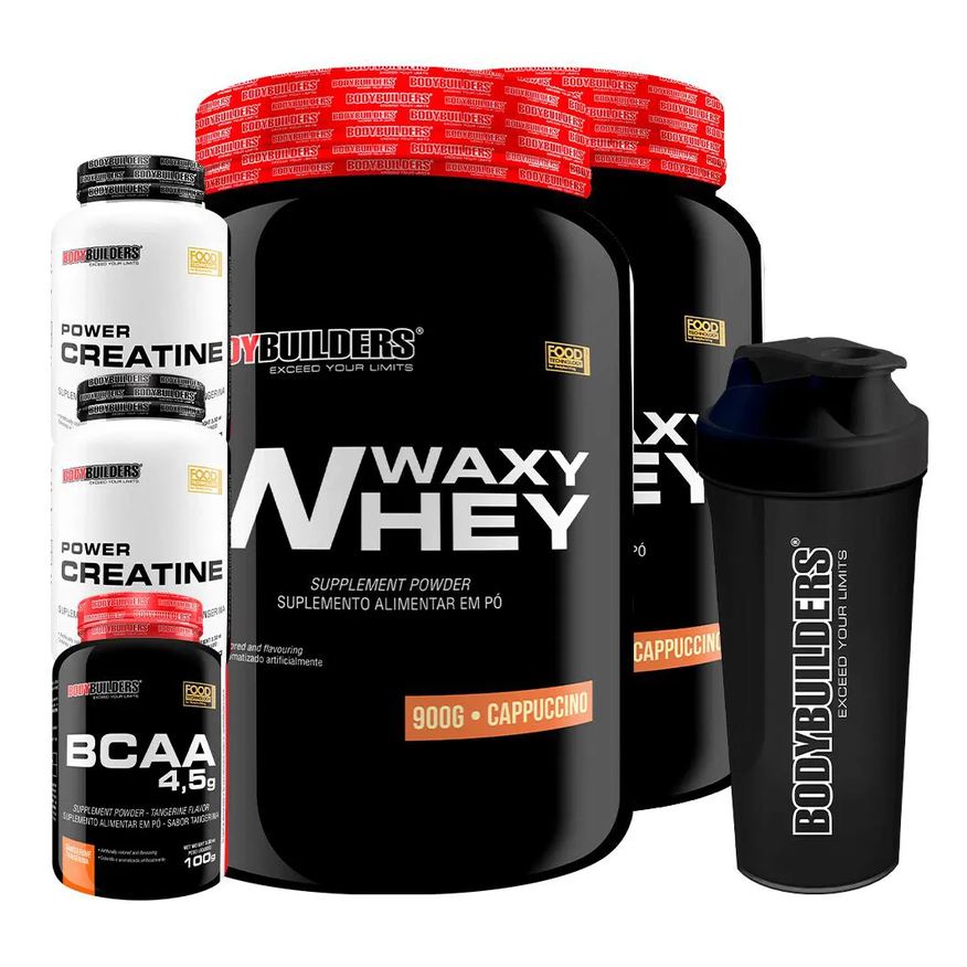 BodyBuilders Kit Whey Protein Waxy Whey Cappuccino 900g 2 unidades + BCAA Tangerina 100g + Creatina Power 100g 2 unidades + Coqueteleira
