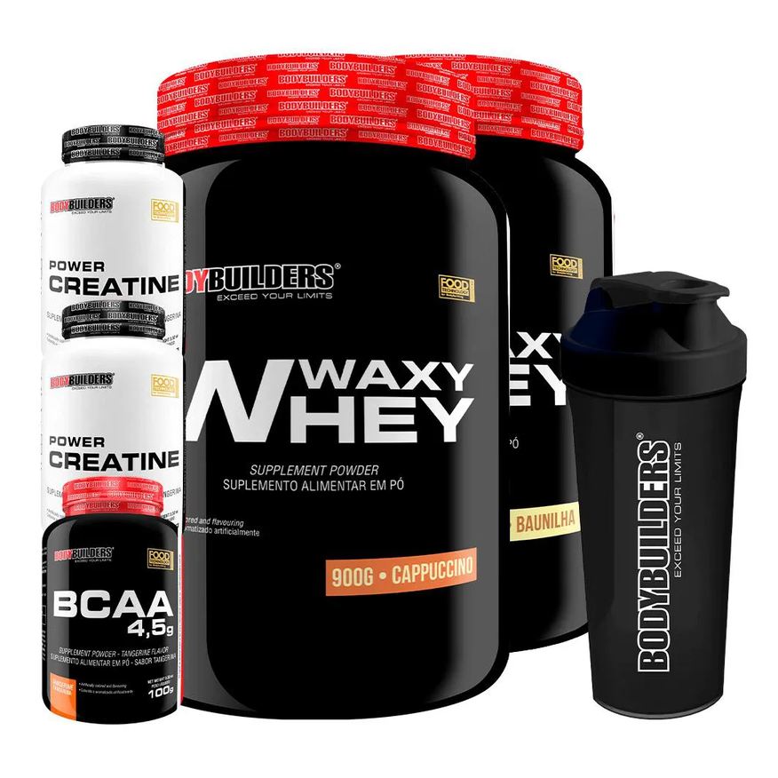 Bodybuilders Kit 2x Waxy Whey Protein 900g + 2x Power Creatina 100g + Bcaa 4.5 100g + Coqueteleira - Baunilha e Cappuccino
