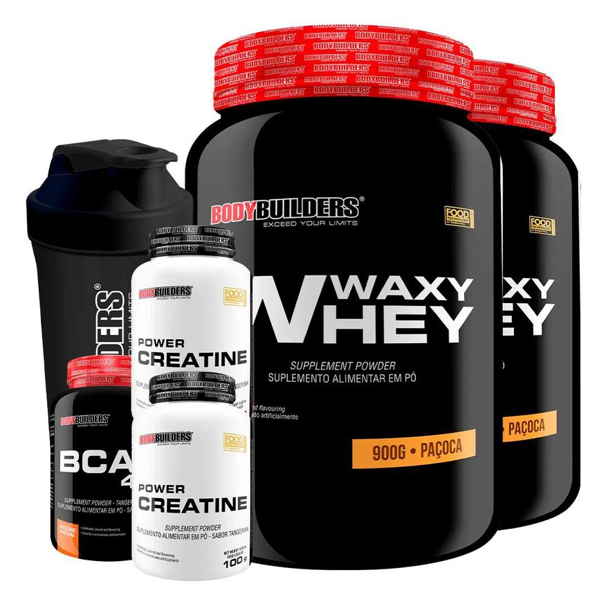 Bodybuilders Kit 2x Waxy Whey Protein 900g + 2x Power Creatina 100g + Bcaa 4.5 100g + Coqueteleira - Paçoca