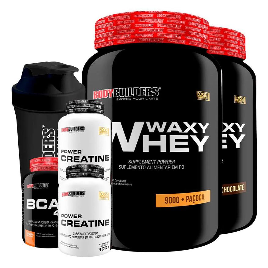 Bodybuilders Kit 2x Waxy Whey Protein 900g + 2x Power Creatina 100g + Bcaa 4.5 100g + Coqueteleira - Chocolate e Paçoca