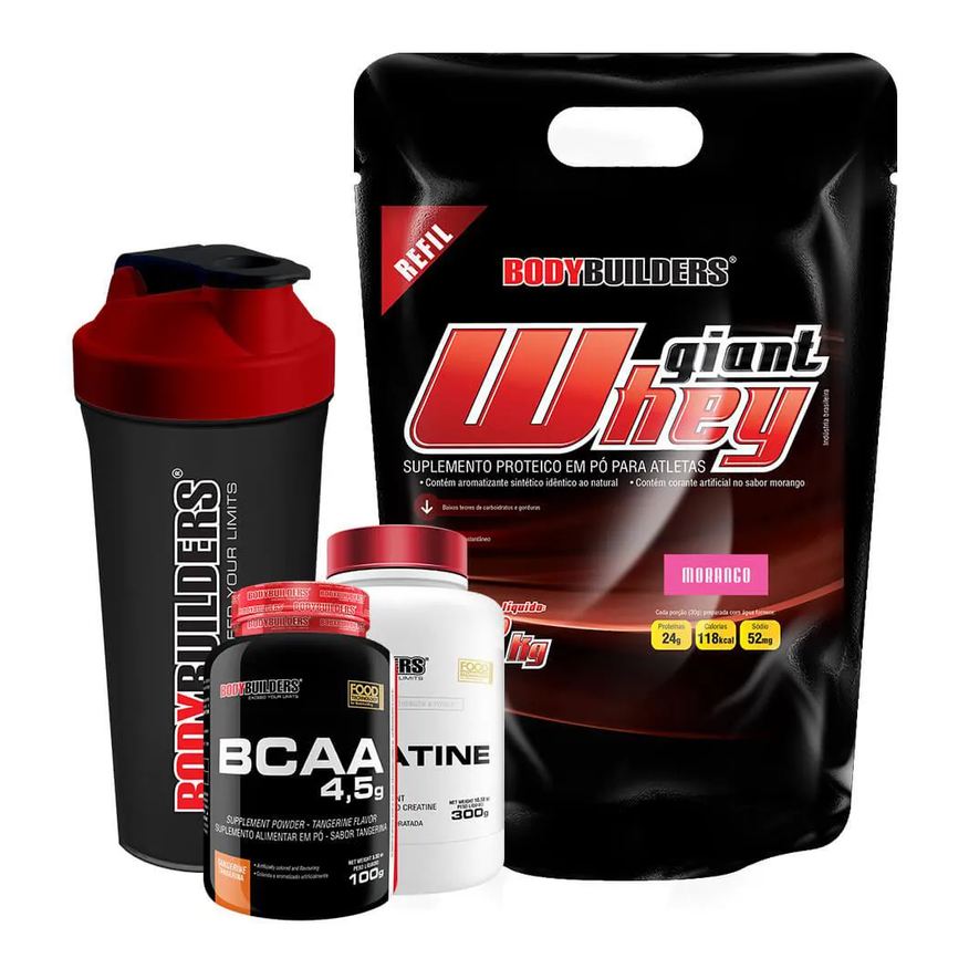 Bodybuilders Kit Giant Whey 2kg (refil) + Bcaa 4,5 100g + 100% Creatine 300g + Coqueteleira Sabor: Morango
