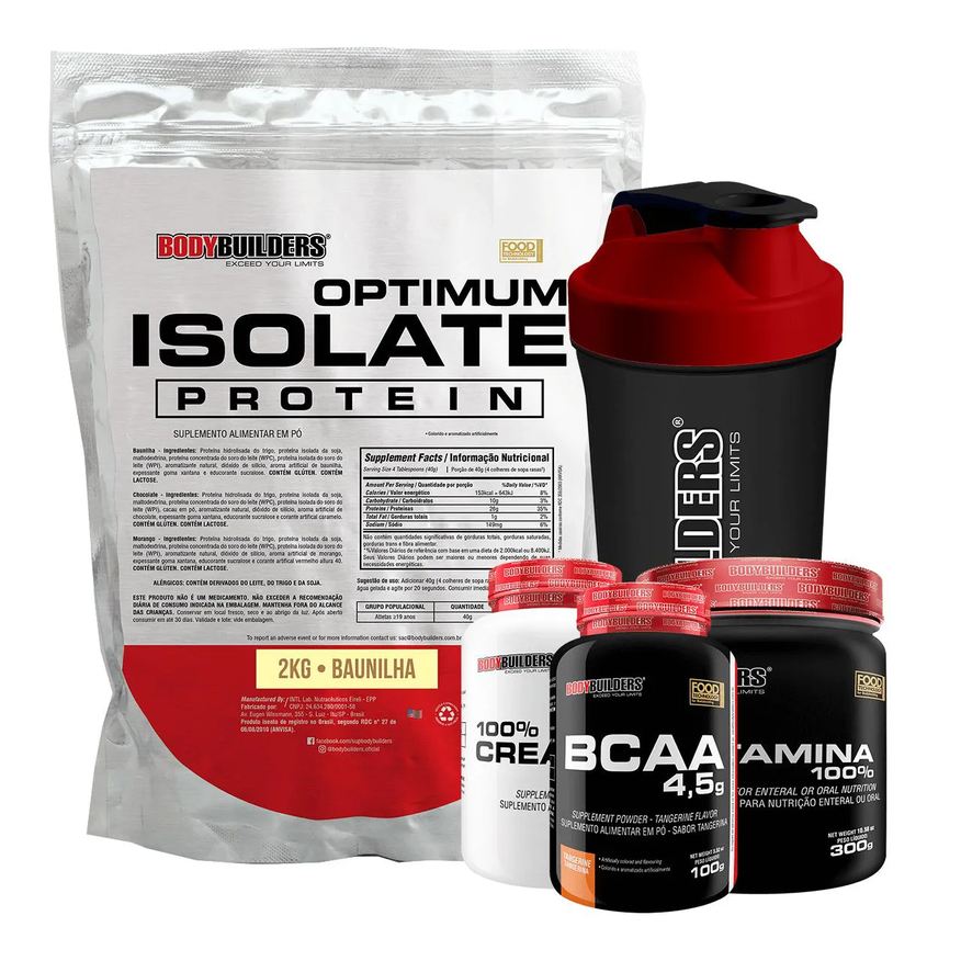 Bodybuilders Kit Optimum Isolate Whey Protein 2kg + Bcaa 100g + Creatina 100g + Glutamina 300g + Coqueteleira Sabor Baunilha