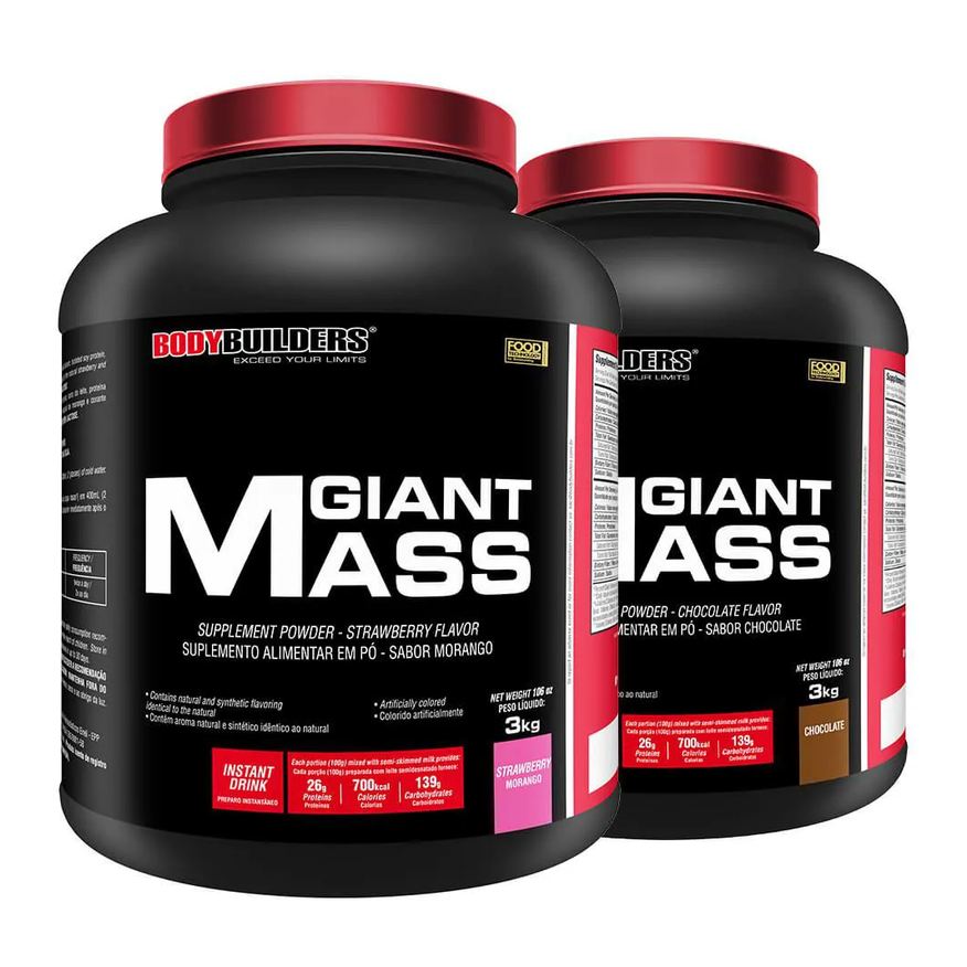 BodyBuilders Kit Hipercalórico Giant Mass Morango e Chocolate 3kg 2 unidades