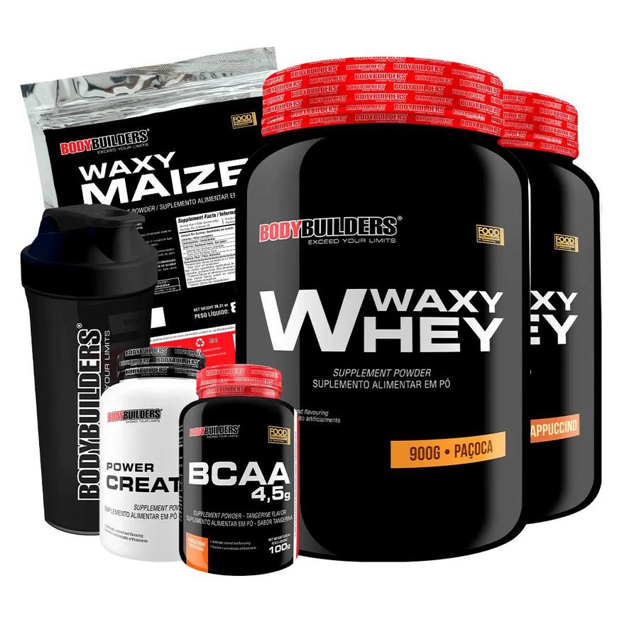 Bodybuilders Kit 2x Whey Protein Waxy Whey 900g + Bcaa 4.5 100g + Power Creatina 100g + Waxy Maize 800g + Coque. Cappuccino e Paçoca