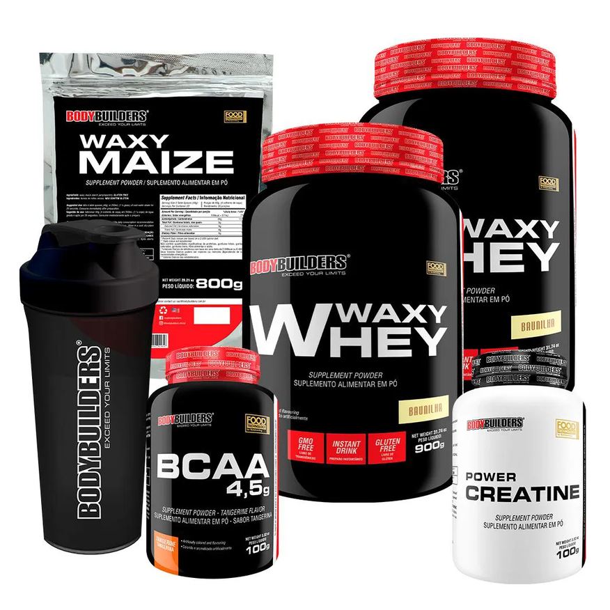 Bodybuilders Kit 2x Whey Protein Waxy Whey 900g + Bcaa 4.5 100g + Power Creatina 100g + Waxy Maize 800g + Coque. Baunilha e Chocolate