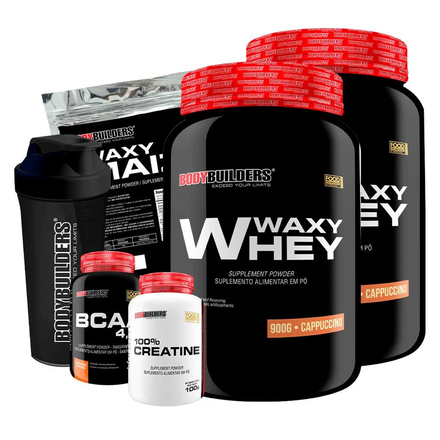 Bodybuilders Kit 2x Whey Protein Waxy Whey 900g + Bcaa 4.5 100g + Power Creatina 100g + Waxy Maize 800g + Coque. Cappuccino
