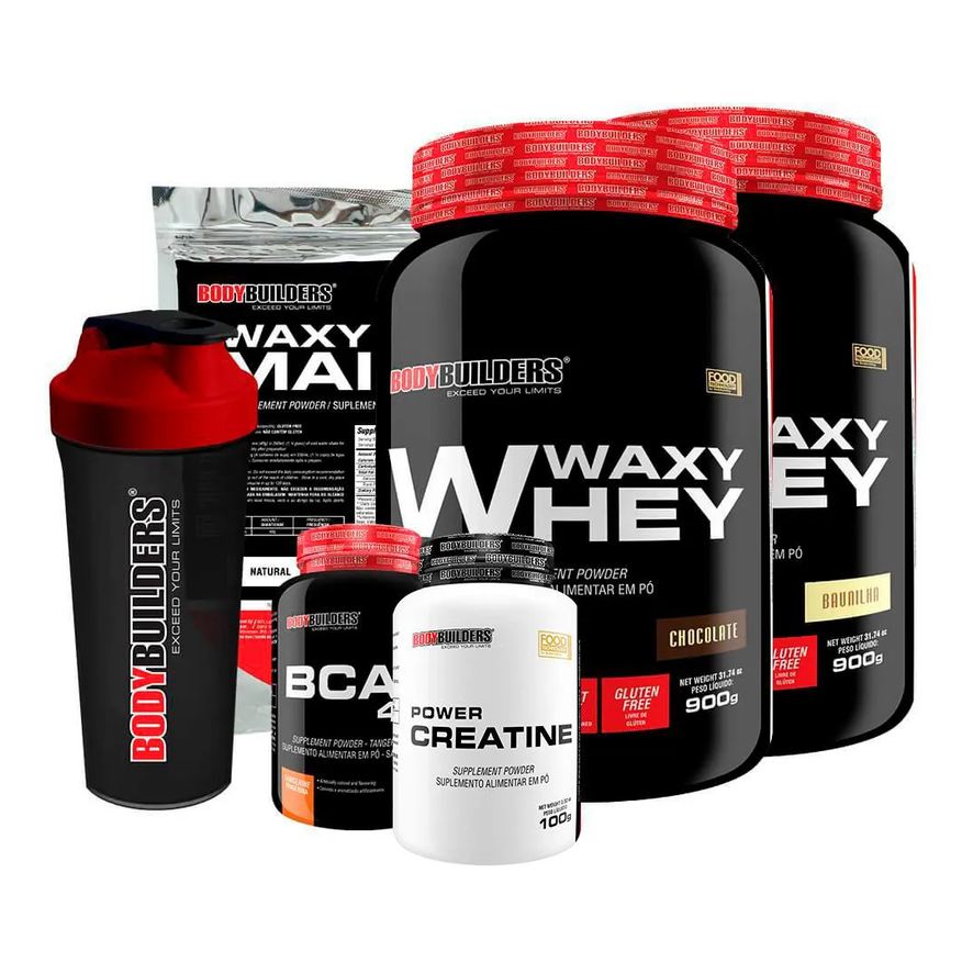 Bodybuilders Kit 2x Whey Protein Waxy Whey 900g + Bcaa 4.5 100g + Power Creatina 100g + Waxy Maize 800g + Coque. Chocolate e Cappuccino