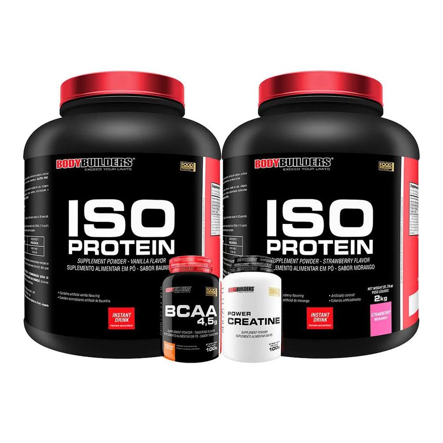 Bodybuilders Kit 2x Iso Protein 2kg + Creatina 100g + Bcaa100g - Sabor Morango