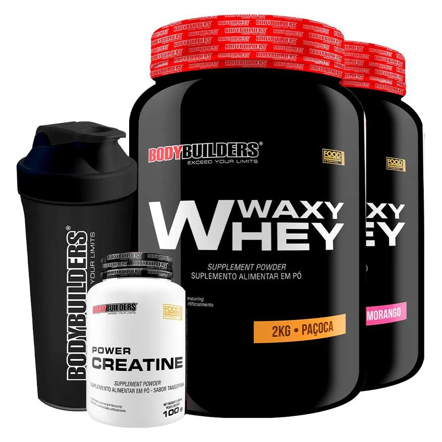 Bodybuilders Kit 2x Waxy Whey 2kg + Power Creatina 100g + Coqueteleira - Morango e Paçoca