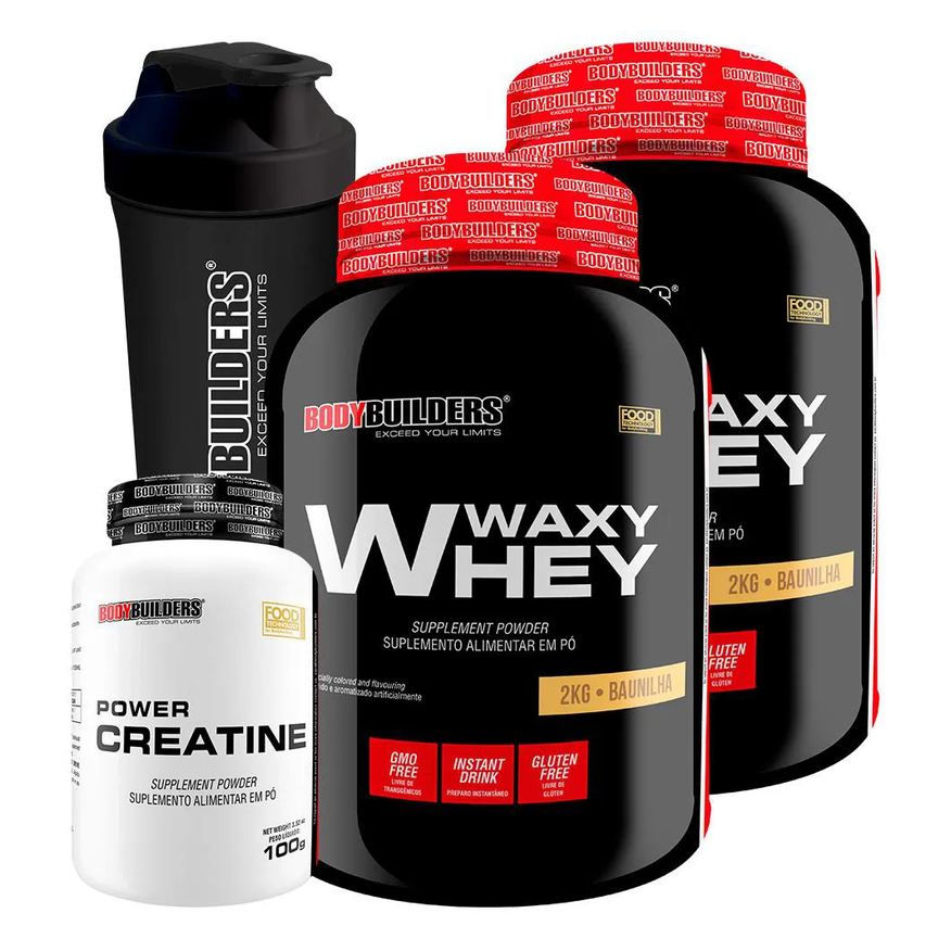 Bodybuilders Kit 2x Waxy Whey 2kg + Power Creatina 100g + Coqueteleira - Morango