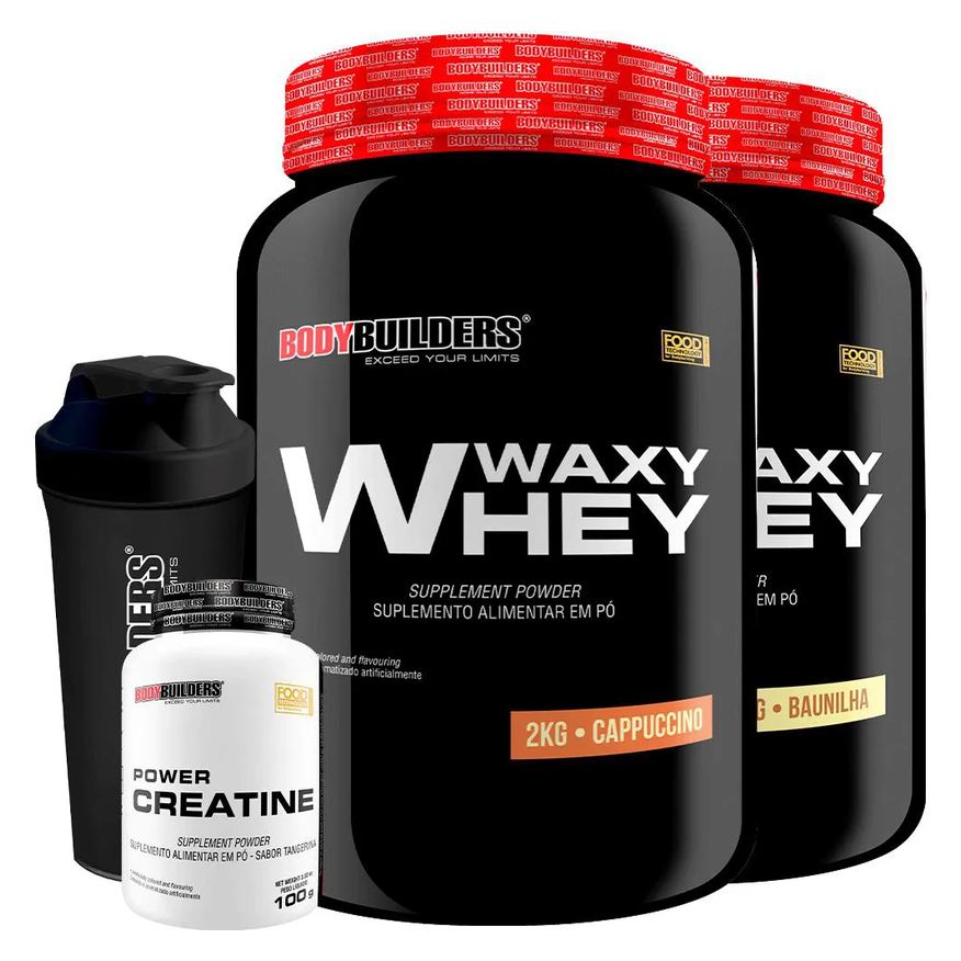 Bodybuilders Kit 2x Waxy Whey 2kg + Power Creatina 100g + Coqueteleira - Cappuccino e Baunilha