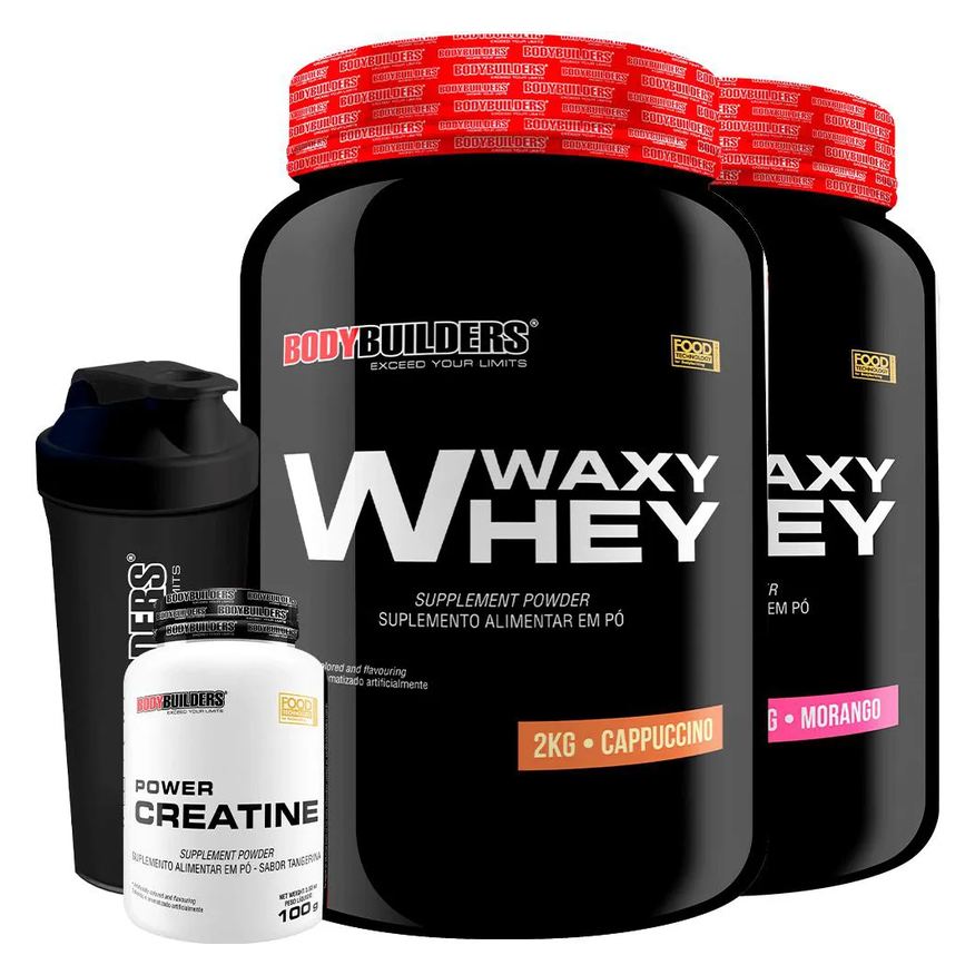 Bodybuilders Kit 2x Waxy Whey 2kg + Power Creatina 100g + Coqueteleira - Cappuccino e Morango
