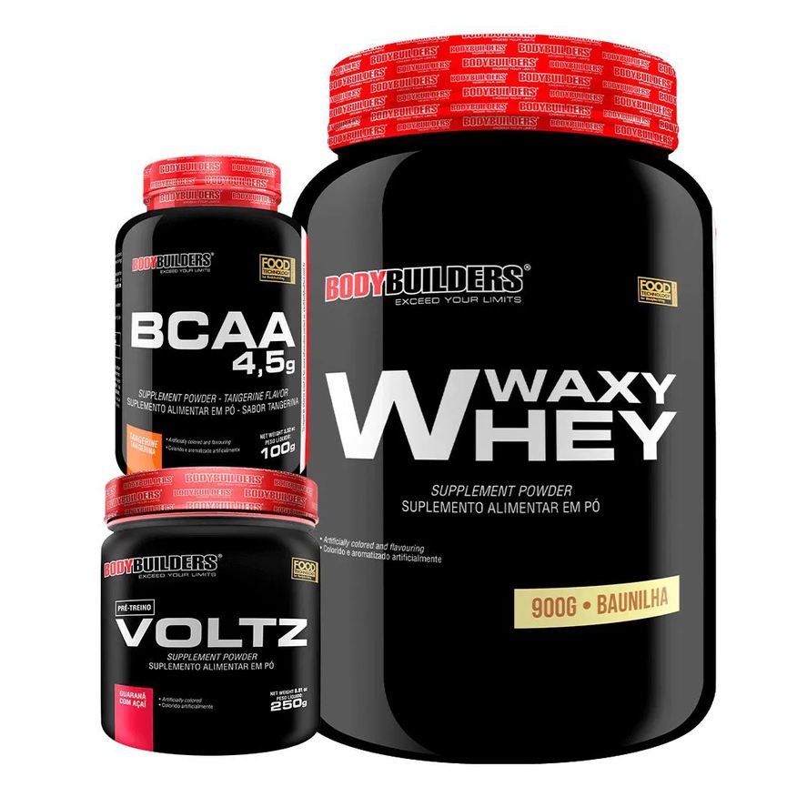 Bodybuilders Kit Waxy Whey (35%) 900g + Bcaa 100g + Pré Treino - Baunilha