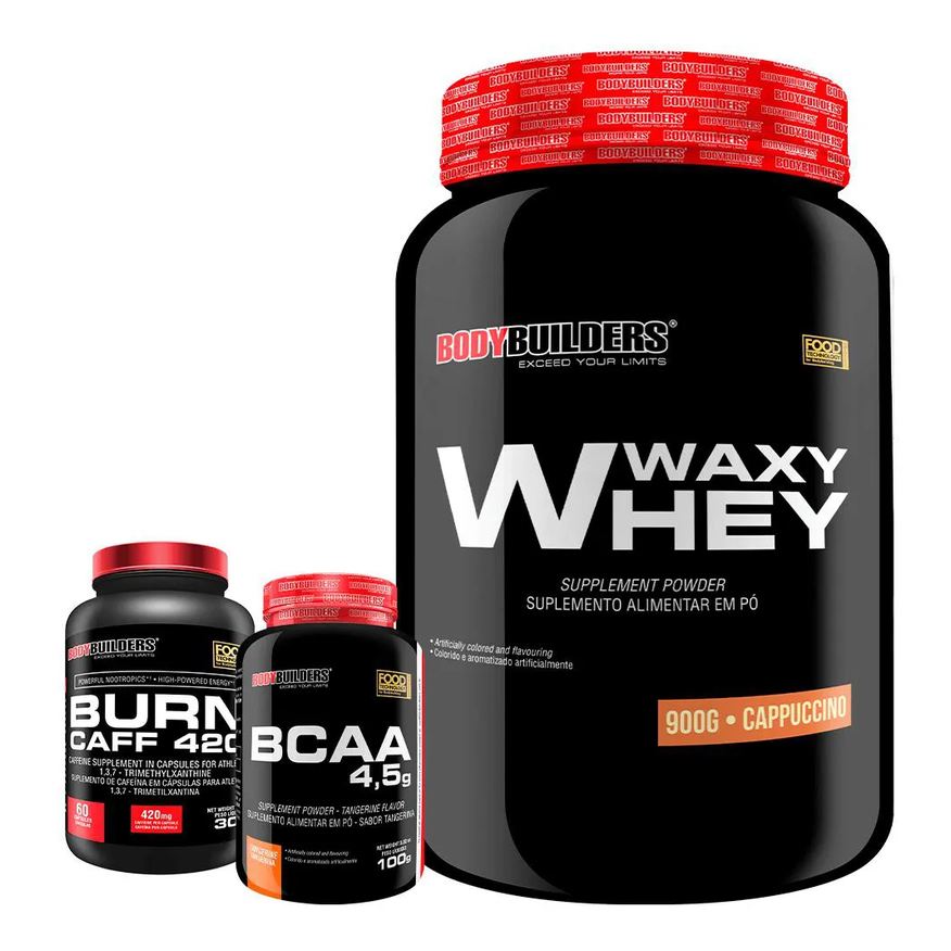 Bodybuilders Kit Waxy Whey (35%) 900g + Bcaa 100g + Pré Treino - Cappuccino