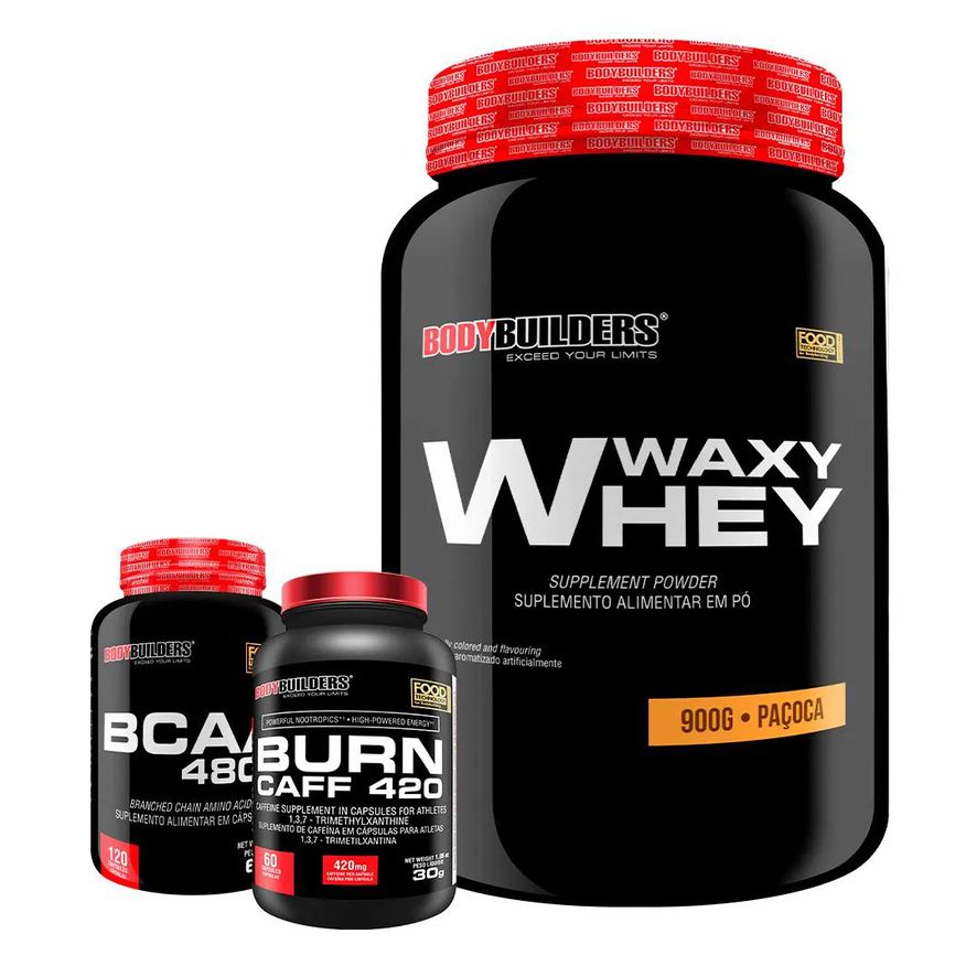 Bodybuilders Kit Waxy Whey (35%) 900g + Bcaa 100g + Pré Treino - Paçoca