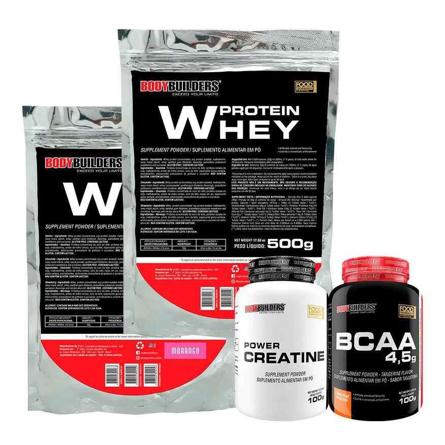 Bodybuilders Kit 2x Whey Protein 500g + Bcaa 100g Tangerina + Power Creatina 100g - Sabor Morango