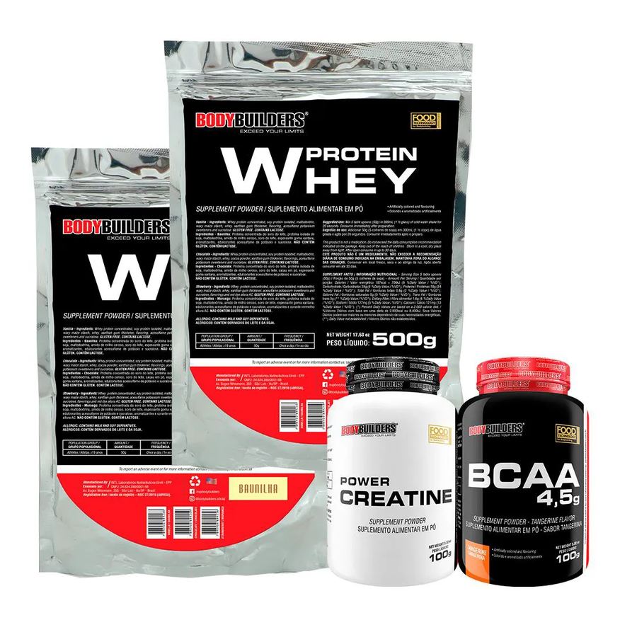 Bodybuilders Kit 2x Whey Protein 500g + Bcaa 100g Tangerina + Power Creatina 100g - Sabor Baunilha