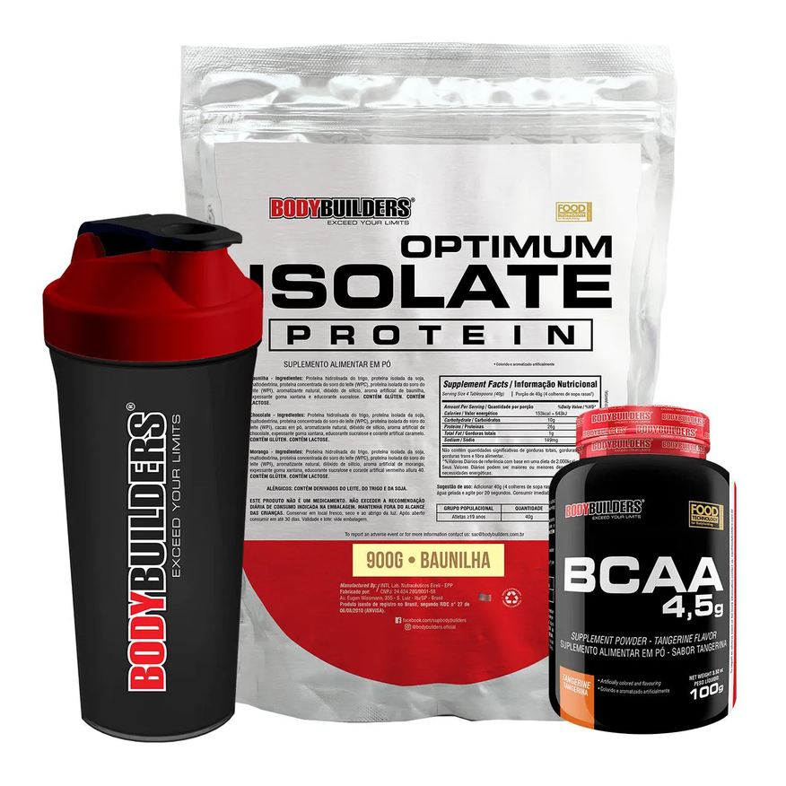 Bodybuilders Kit Optimum Isolate Whey Protein 900g + Bcaa 100g + Coqueteleira Sabor Baunilha