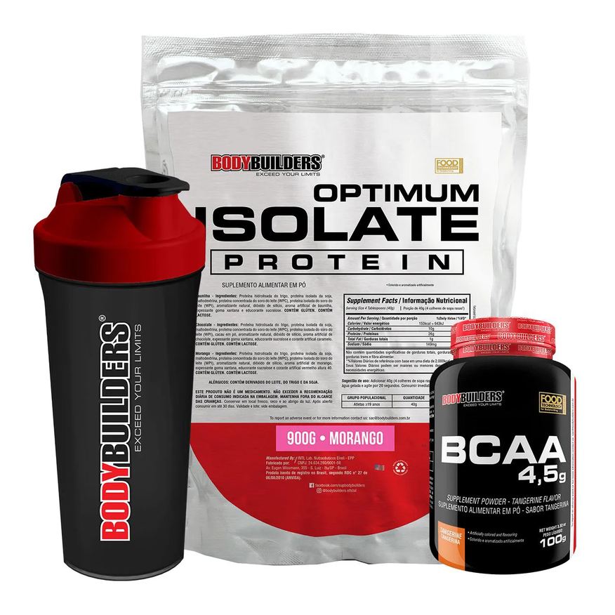 Bodybuilders Kit Optimum Isolate Whey Protein 900g + Bcaa 100g + Coqueteleira Sabor Morango