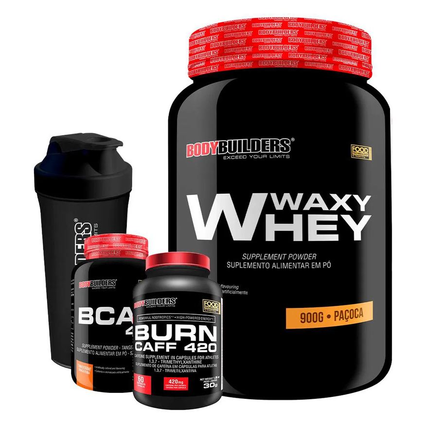 Bodybuilders Kit Waxy Whey (35%) 900g + Bcaa 100g + Pré Treino + Coqueteleira - Paçoca